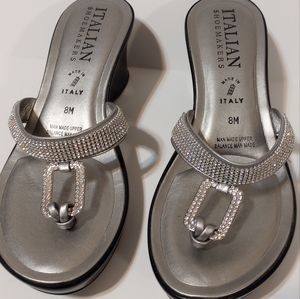 Italian Shoemakers Rhinestone Metallic Silver and Black Wedge Slip Ons SZ 8